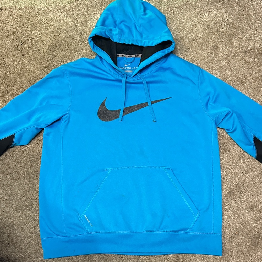Nike Mens Therma Fit Pullover Hoodie Sweatshirt Blue Black Swoosh Logo Size L